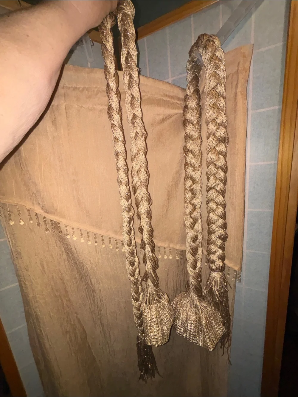 Curtains or shower curtain with tie backs